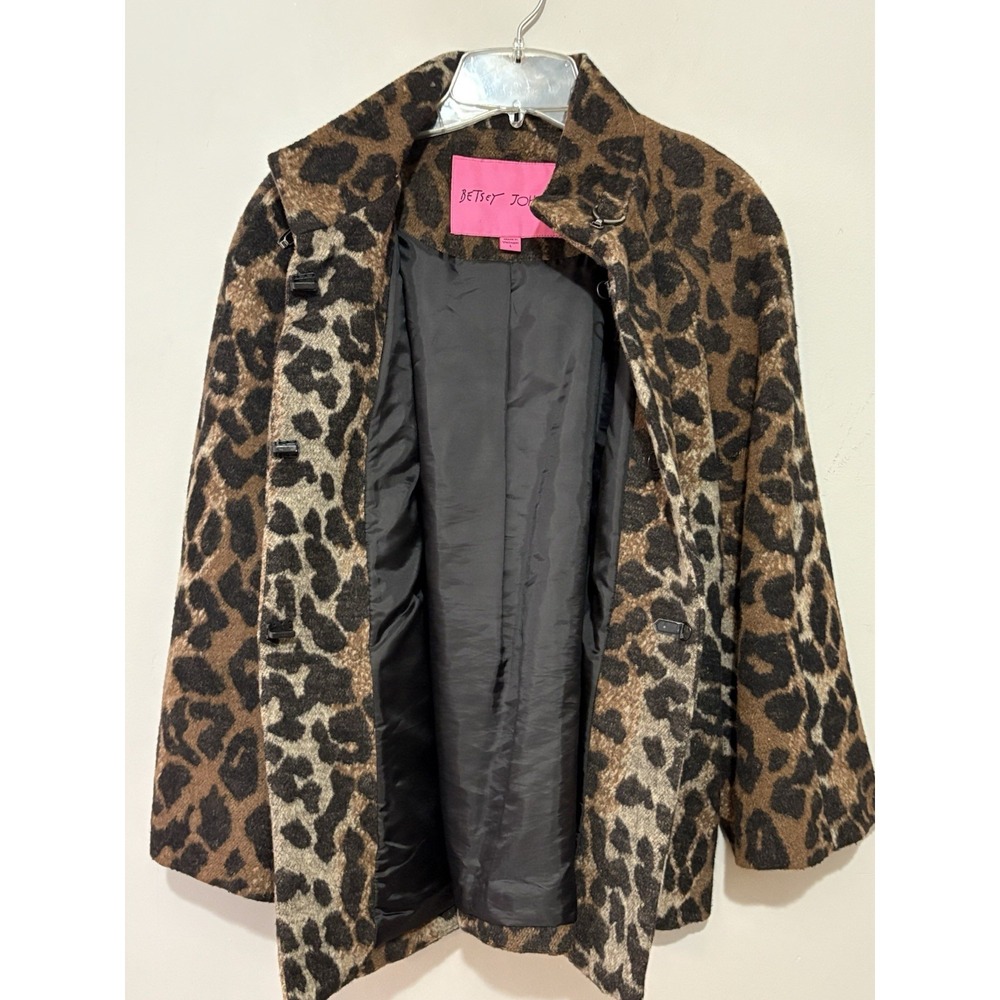 Betsey‎ Johnson L Leopard Print Wool Blend Coat Jacket Toggle Closure Flared Hem - Picture 2 of 9